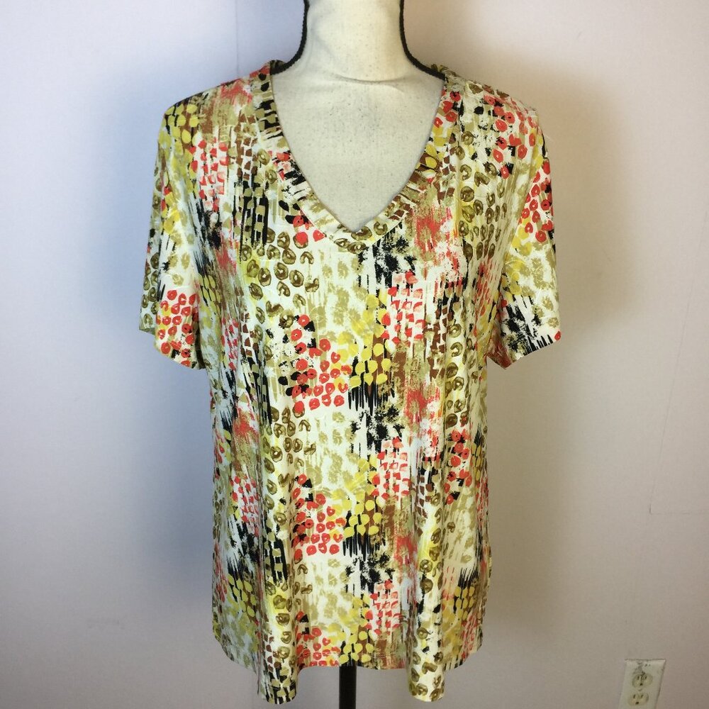 JM Collection Blouse Top XL Womans Yellow Red Printed Knit Short Sleeve V-neck